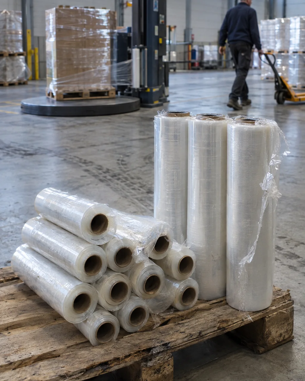 Rollen handwikkelfolie en machinefolie op een pallet in het magazijn