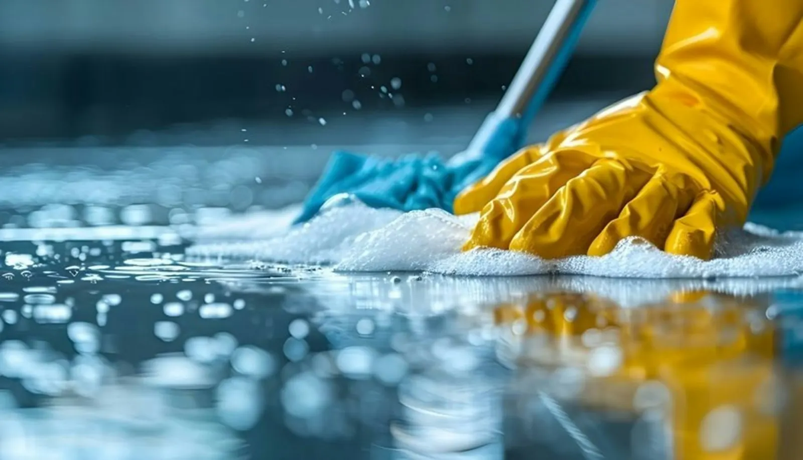 Schoonmaak van een vloer met gele handschoenen