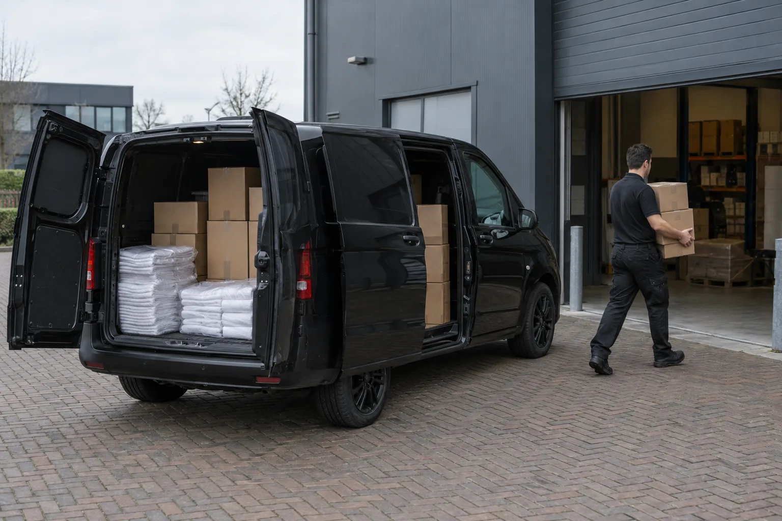 Onze zwarte bestelbus wordt gelost bij een bedrijfspand