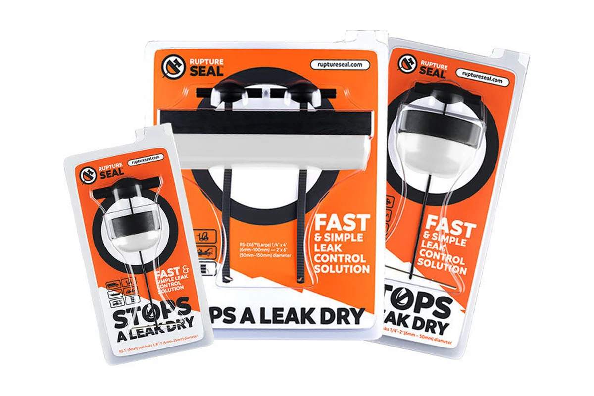 RuptureSeal® 3 Pack: lekafdichtingen RS 1″, RS 2″ en RS 2″×6″ in verpakking
