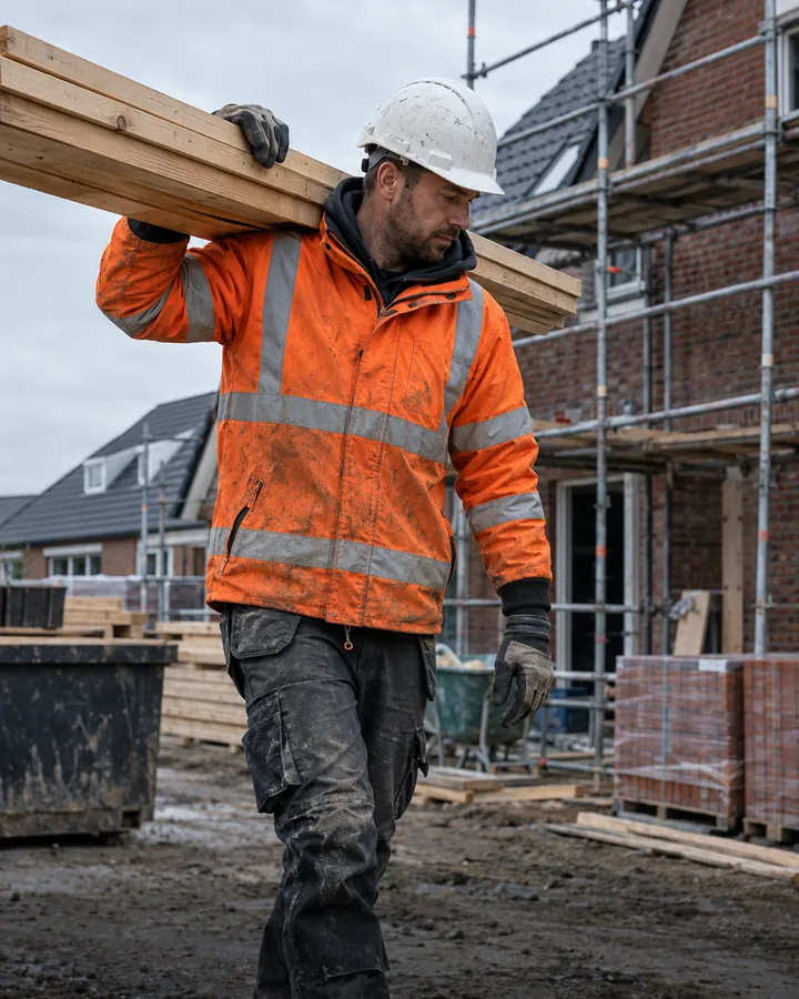 Bouwvakker met veiligheidshelm en hesje op een bouwplaats