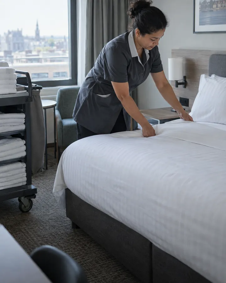 Housekeeping maakt een hotelbed op met wit linnen