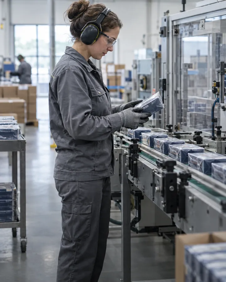 Operator met veiligheidsbril bij een productielijn