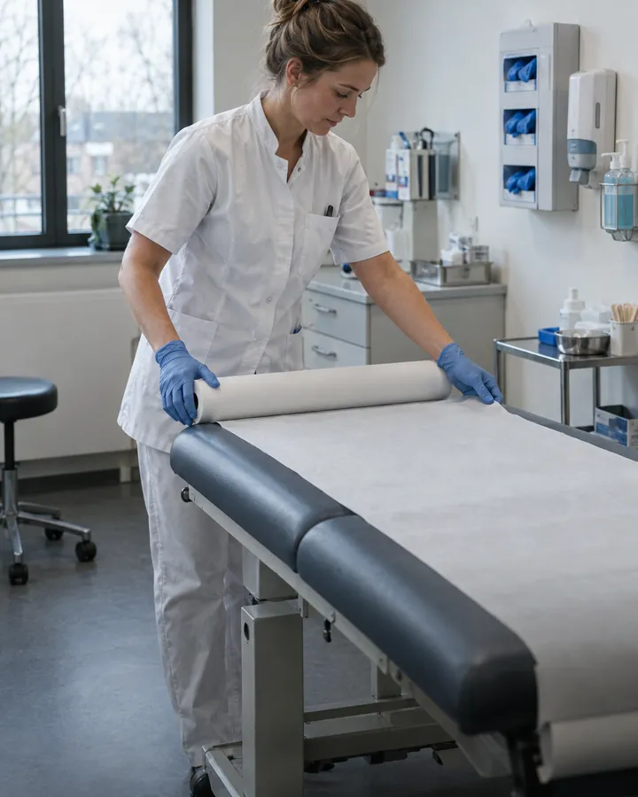 Medisch assistent legt onderzoekspapier over een behandeltafel