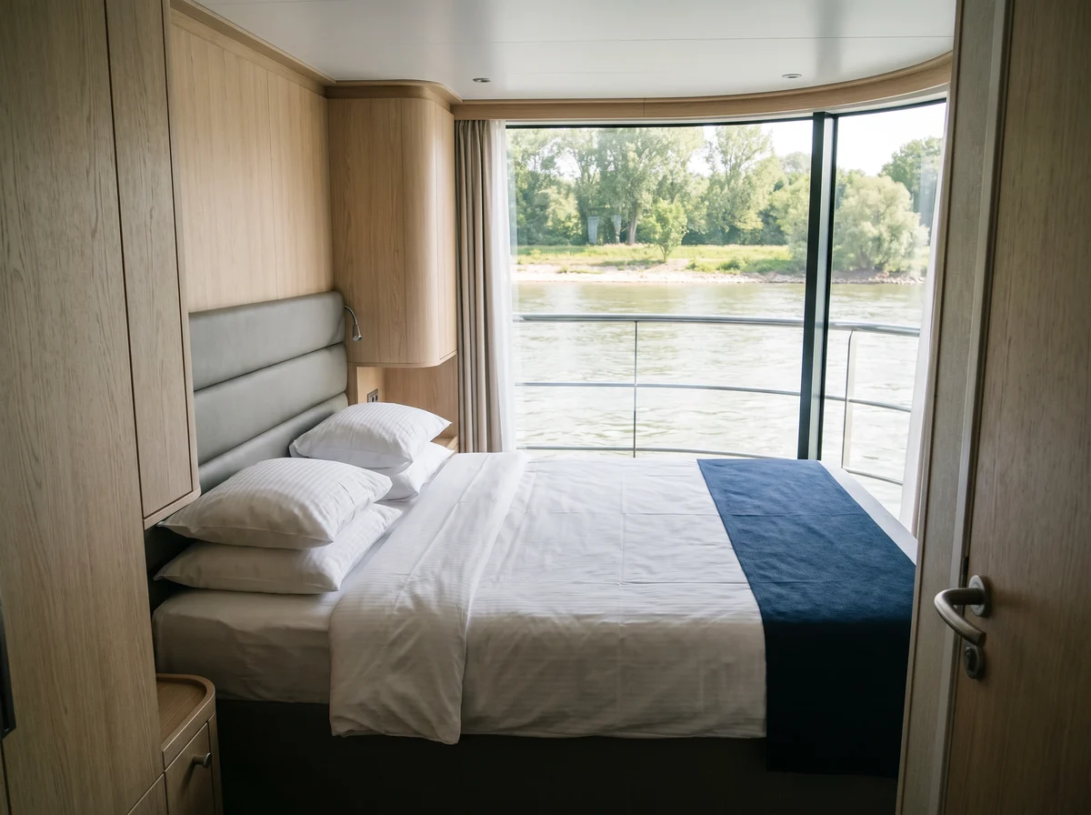 Kajuit met opgemaakt bed en uitzicht op het water