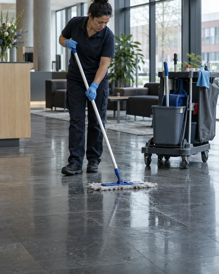 Schoonmaker dweilt de vloer van een kantoorlobby