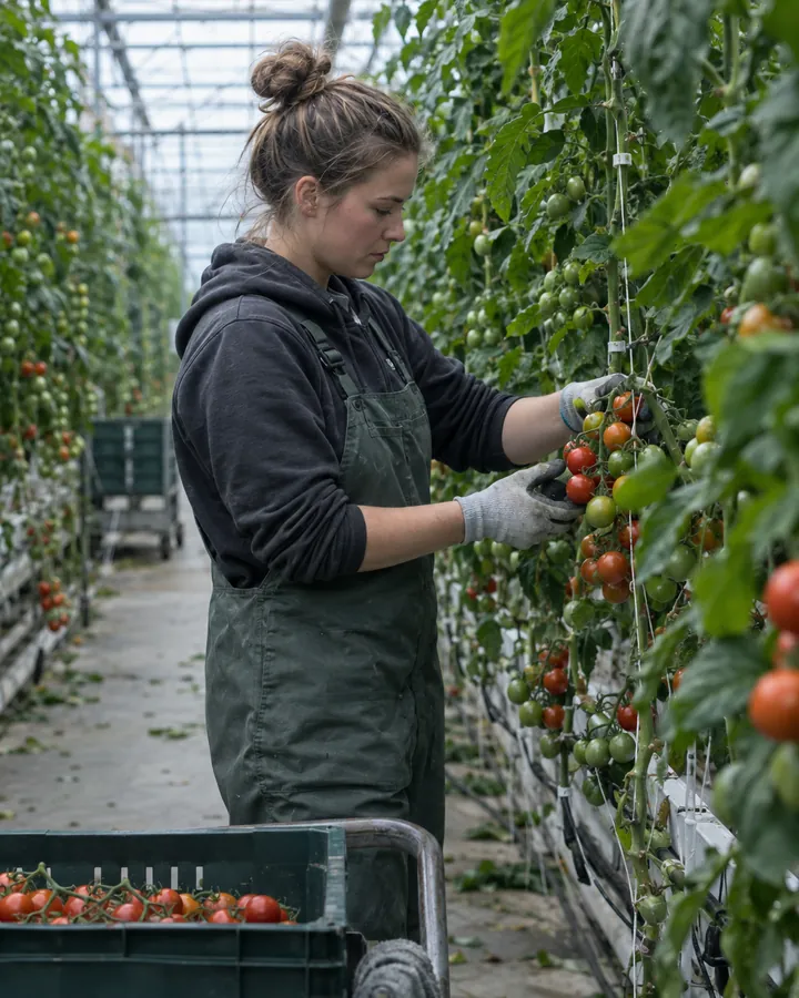 Kassmedewerker met werkhandschoenen oogst tomaten